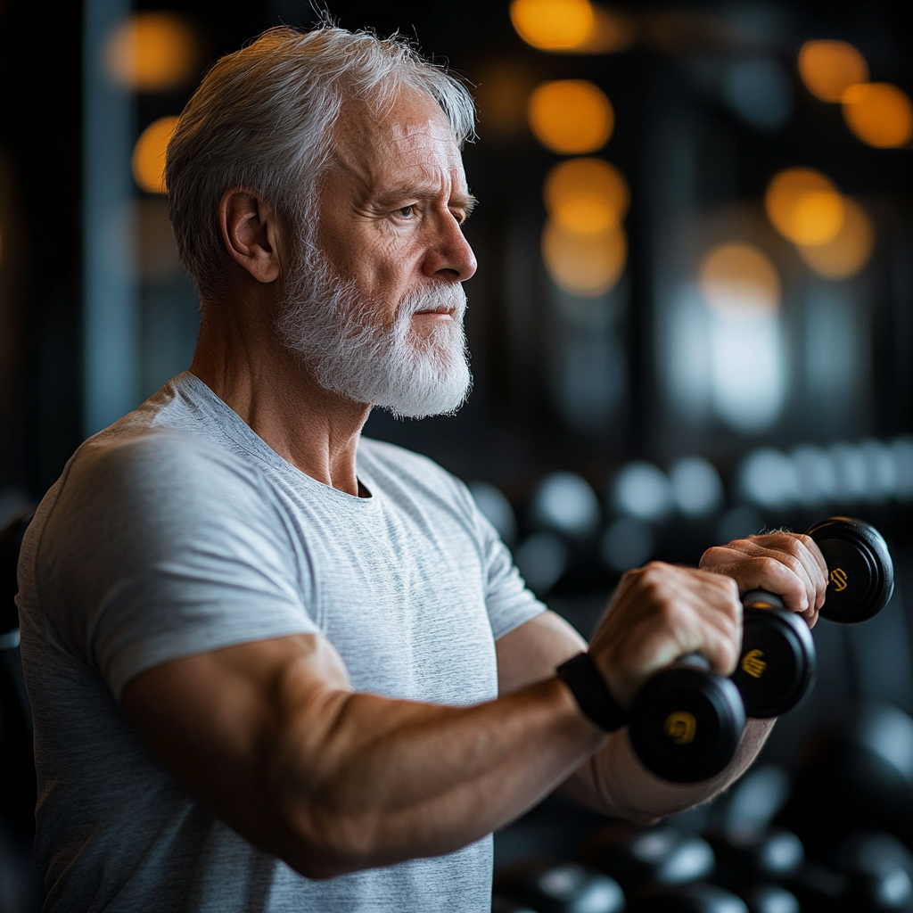 Людина тренується з гантелями в сучасному спортзалі