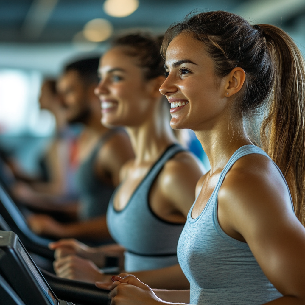 Група людей виконує кардіо вправи на біговій доріжці